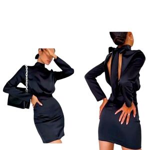 NWT Commense Dress Womens S Satin Mock Neck Tie Open Back Short Classic Cocktail